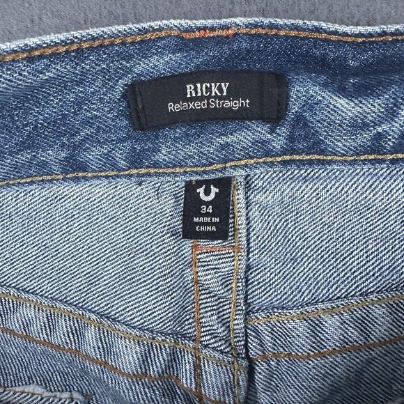 True Religion Ricky Jeans Mens 34x34 Distressed Relaxed Straight Rope Stitch Fla - Picture 9 of 16